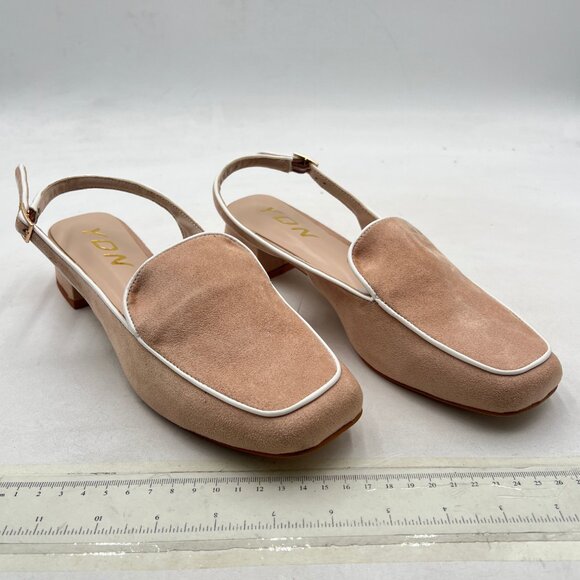 YDN Beige Square Toe Block Low Heels Slingback Formal Loafer Dressy Pump - Picture 4 of 8